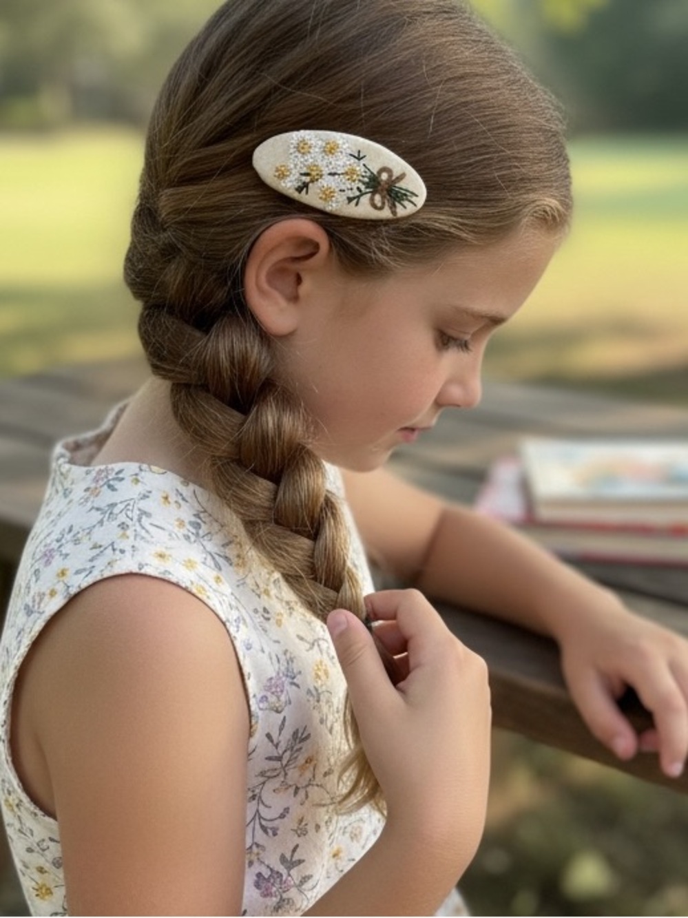 Hand-Embroidered Daisy Hair Clip in Brown and Cream